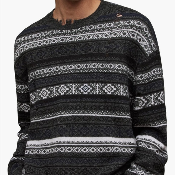 AllSaints Halldor Oversize Distressed Stripe Wool Blend Crewneck Sweater - Picture 2 of 6